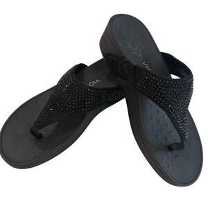 Vionic Black Rhinestone Orthotic Wedge Flip Flops Thong Sandals Womens 8 EU39